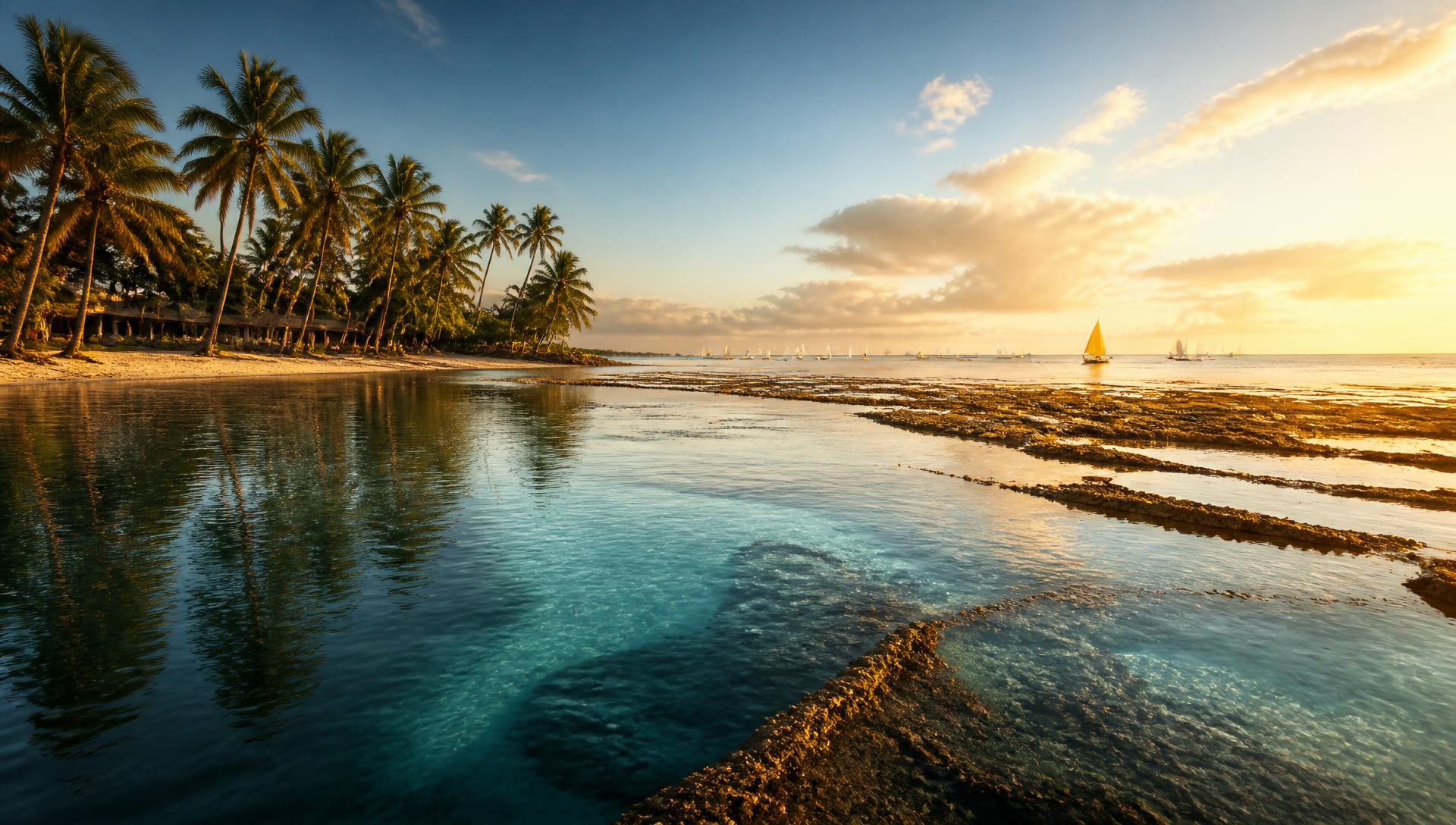 Piscinas naturais e jangadas em Porto de Galinhas ao pôr do sol